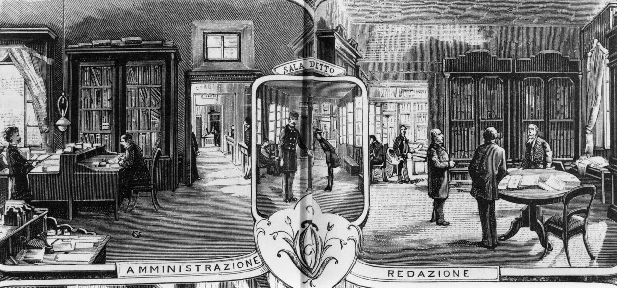 Offices of Treves brothers, editing and administration staff, Milan, Italy, illustration by Quinto Cenni (1845-1917) from L