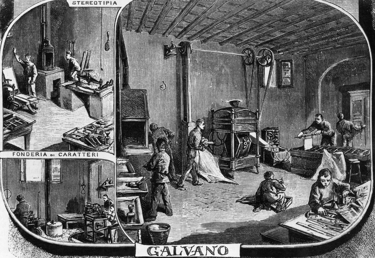 Offices of Treves brothers, font casting and stereotype print department, Milan, Italy, illustration by Quinto Cenni (1845-1917) from L