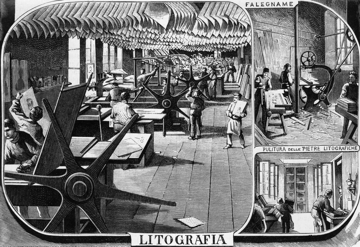 Offices of Treves brothers, lithograph department, Milan, Italy, illustration by Quinto Cenni (1845-1917) from L