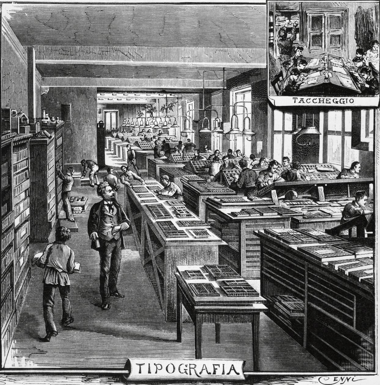 Offices of Treves brothers, typography and overlaying, Milan, Italy, illustration by Quinto Cenni (1845-1917) from L