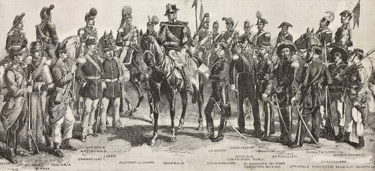 Piedmontese army in 1859: infantrymen, artillerymen, engineers, grenadiers, officers, generals, spearmen, cavalrymen, rifleman, engraving from drawing by Quinto Cenni, from L