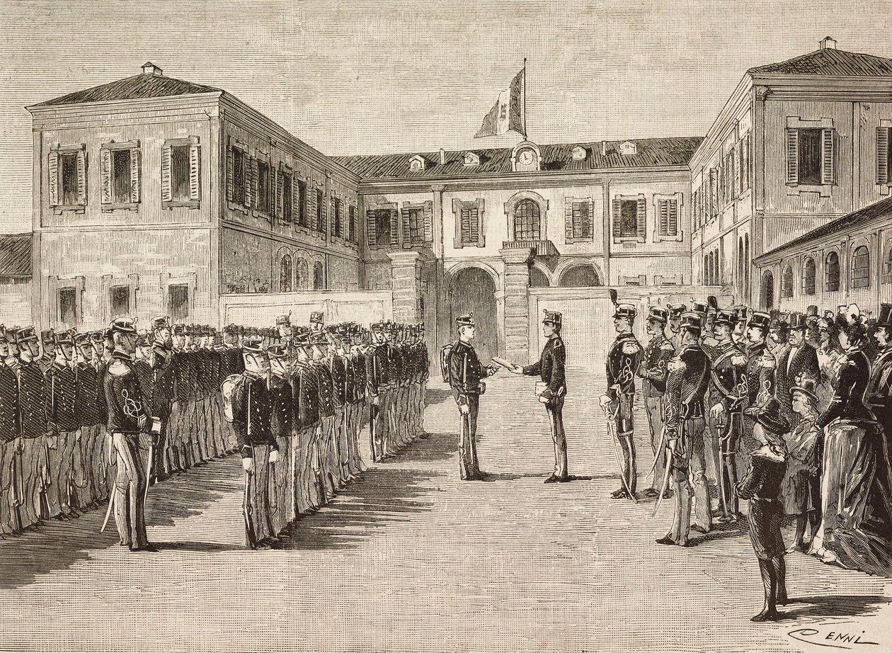 Prince Vittorio Emanuele (1870-1946), Count of Turin, gives degrees to cadets of military academy of Milano, Italy, March 14 بواسطة كوينتو سيني