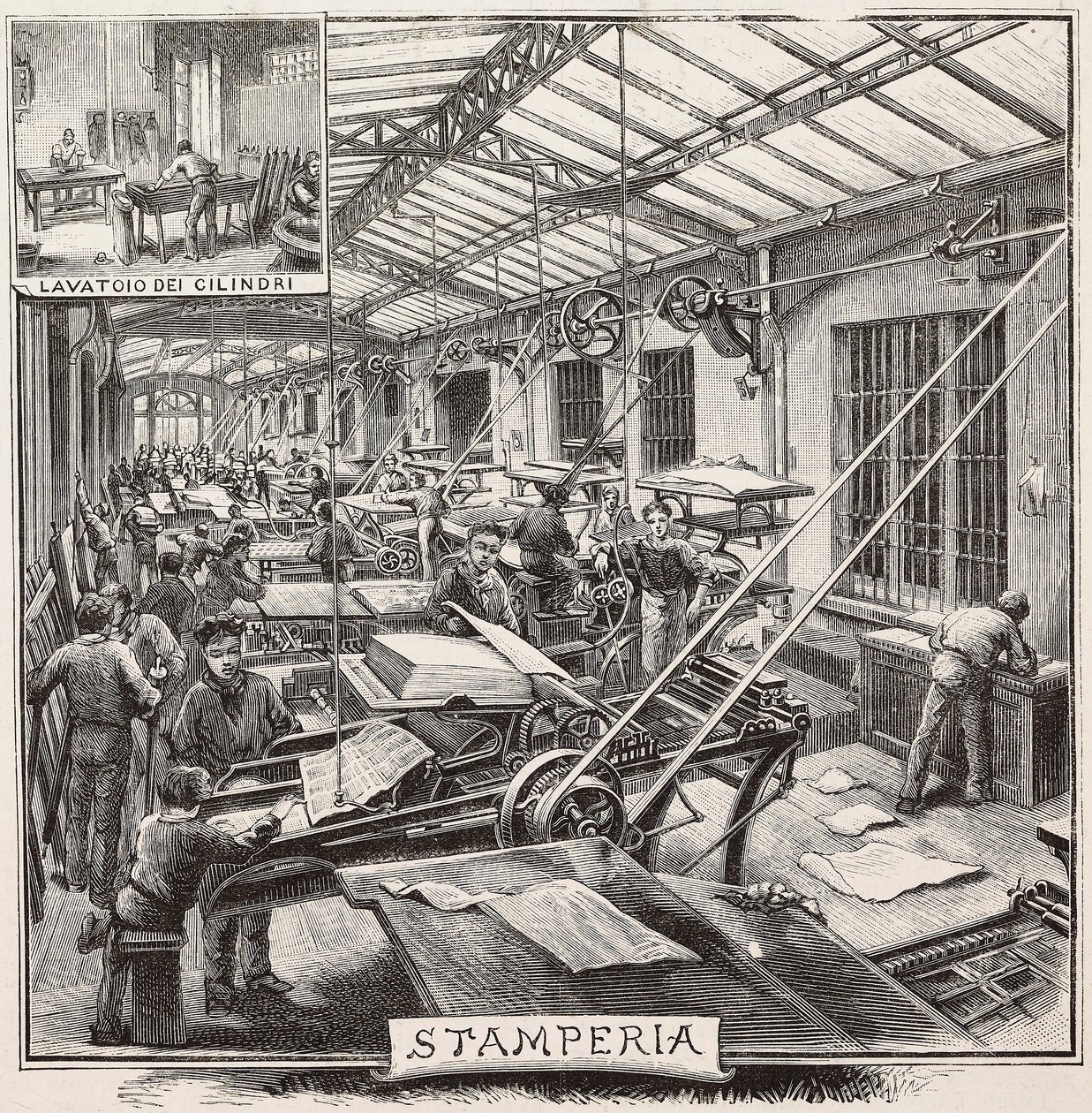Printing house in Fratelli Treves publishing house, Milan, Italy, engraving from drawing by Quinto Cenni, from L