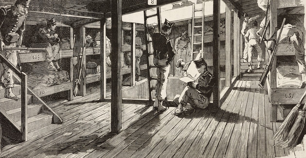 Soldiers below deck in dormitory, ship Principe Amedeo, Italian expedition in Red Sea, Italy, engraving from drawing by Quinto Cenni and sketch by M Dal Don, from L