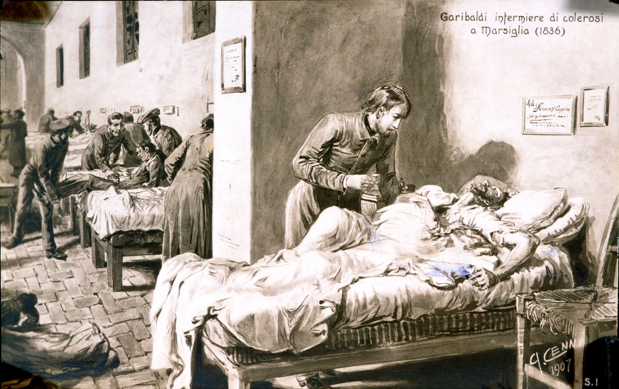 المواطن الإيطالي جوزيبي غاريبالدي (1807-1882) ممرضة ، تحت اسم بان بوريل (بان بوريل) ، لمرضى الكوليرا في مرسيليا في عام 1836. بطاقة بريدية من القرن التاسع عشر مجموعة خاصة بواسطة كوينتو سيني