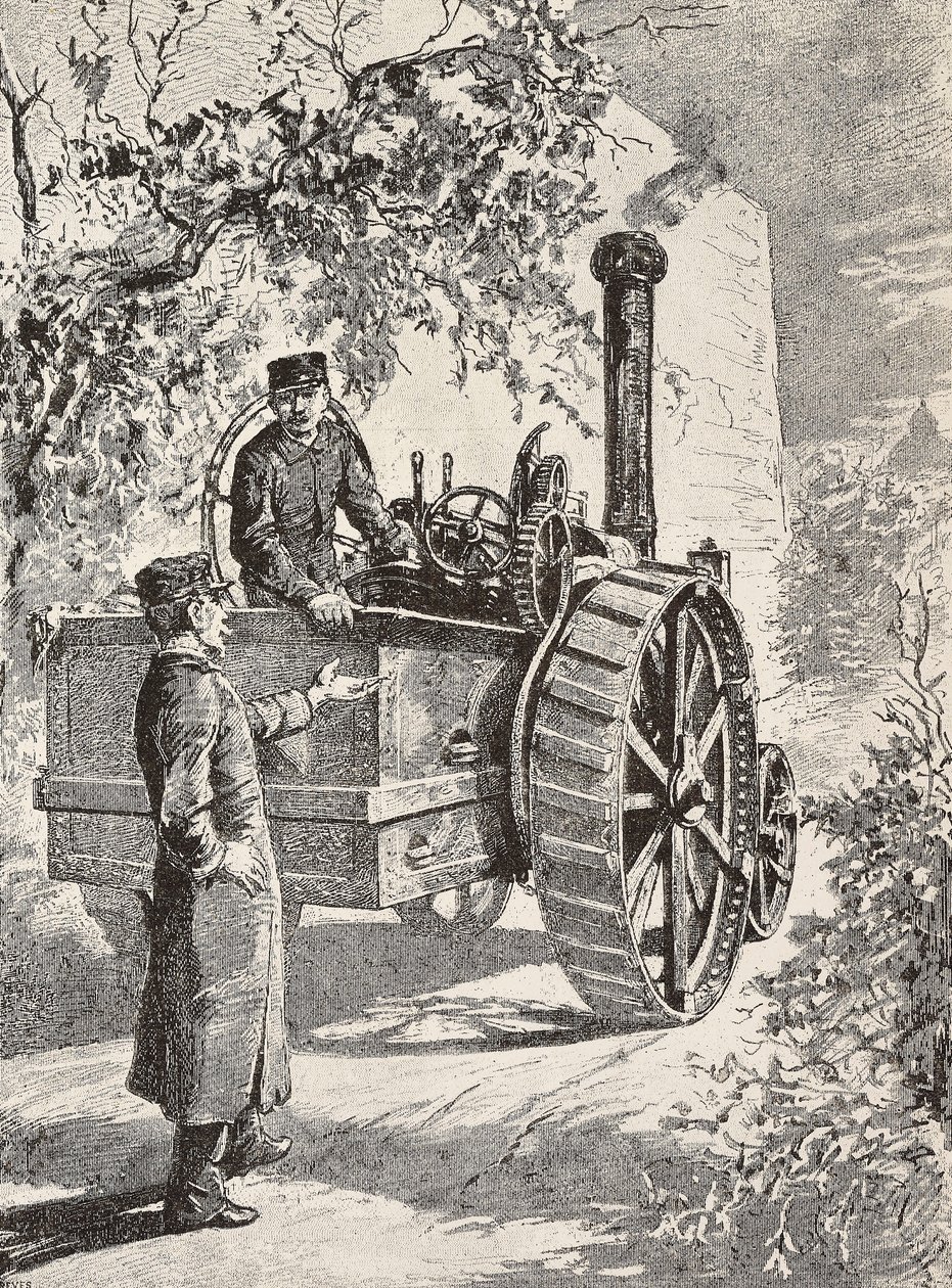 مهندسان عسكريان إيطاليان على قاطرة طريق ، بزيهما الجديد ، نقش من رسم كوينتو سيني ، من L'Illustrazione Italiana ، السنة 12 ، رقم 47 ، 22 نوفمبر بواسطة كوينتو سيني