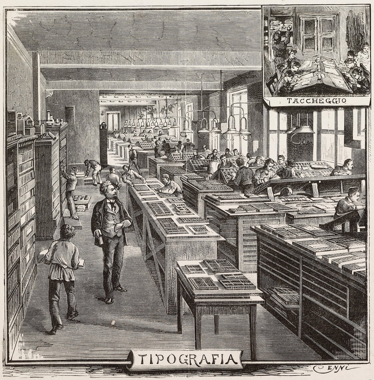 Typography in Fratelli Treves publishing house, Milan, Italy, engraving from drawing by Quinto Cenni, from L