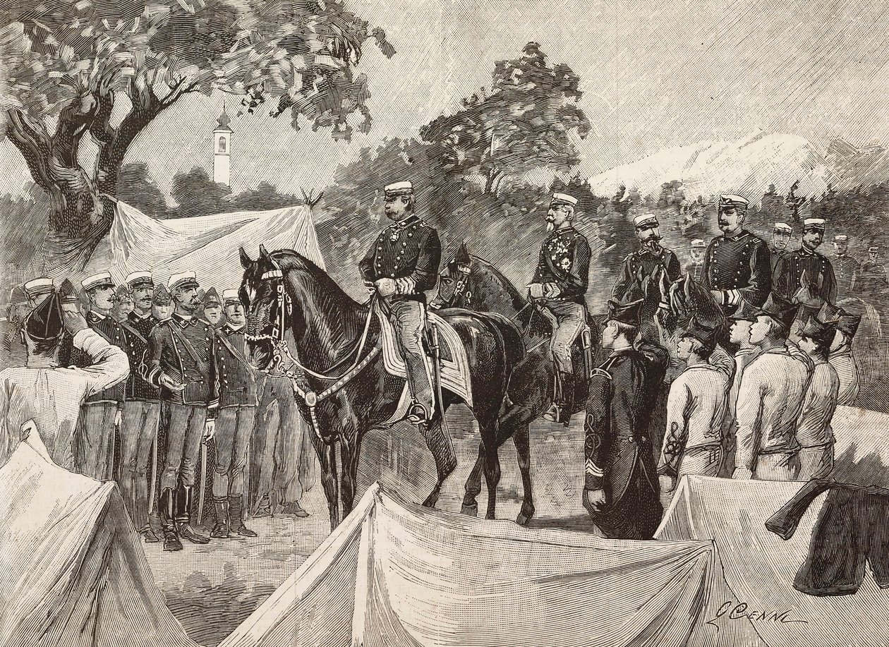 أمبرتو الأول (1844-1900) ، ملك إيطاليا ، مع بعض الضباط ، في زيارة للمعسكرات العسكرية ، 11 سبتمبر بواسطة كوينتو سيني