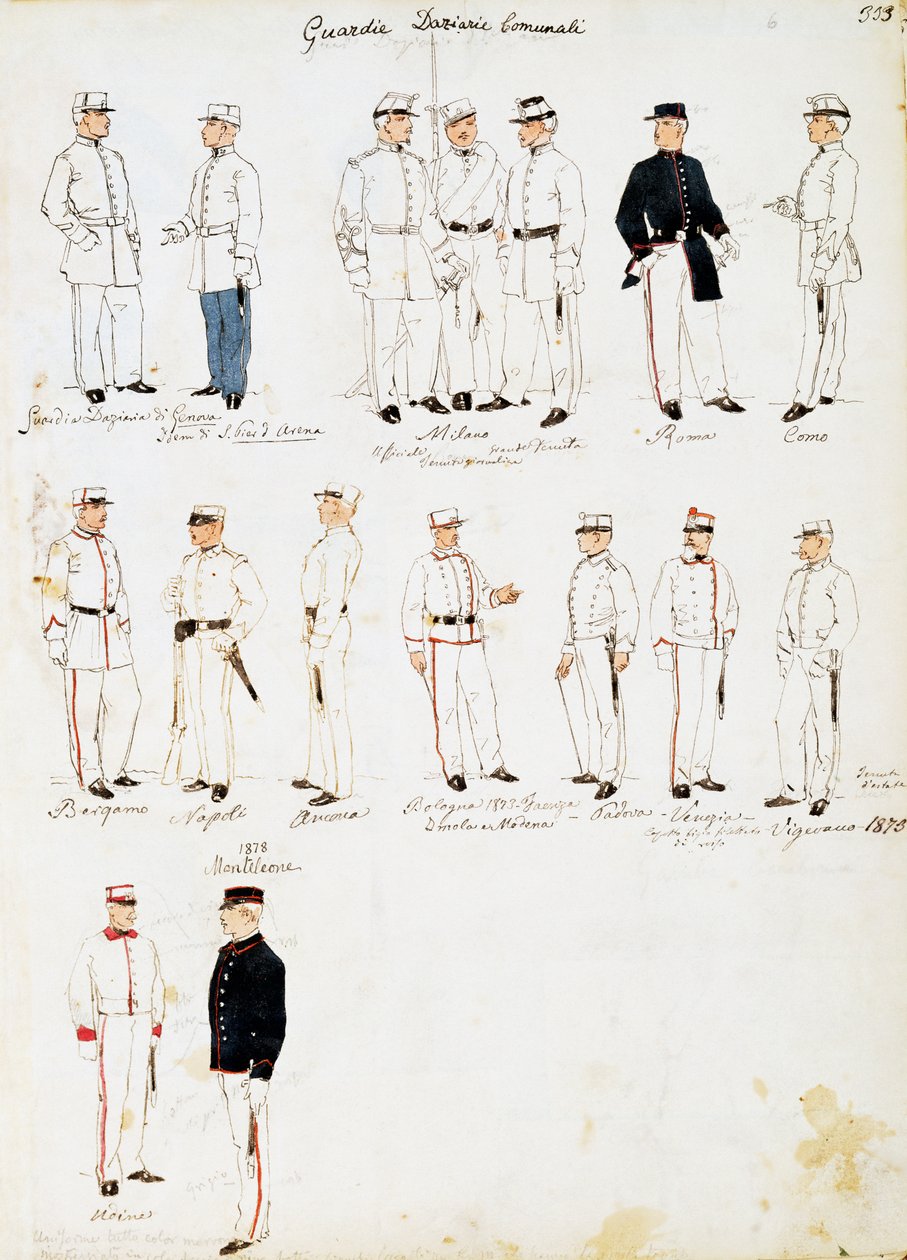 الزي الرسمي لحرس الجمارك في مملكة إيطاليا بين 1873-1878 ، لوحة من Cenni Codex ، مجموعة من الرسومات العسكرية بالألوان المائية بواسطة كوينتو سيني