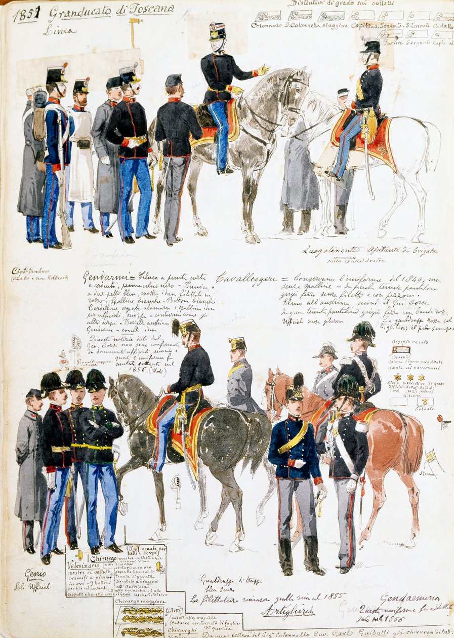 Uniforms of Grand Duchy of Tuscany in 1851, plate taken from Cenni codex, collection of military sketches drawn by Quinto Cenni (1845-1917) بواسطة كوينتو سيني