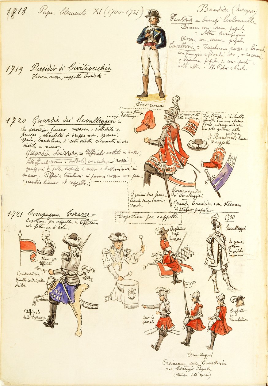 Uniforms of Papal States army at time of Pope Clement XI, color plate by Quinto Cenni بواسطة كوينتو سيني