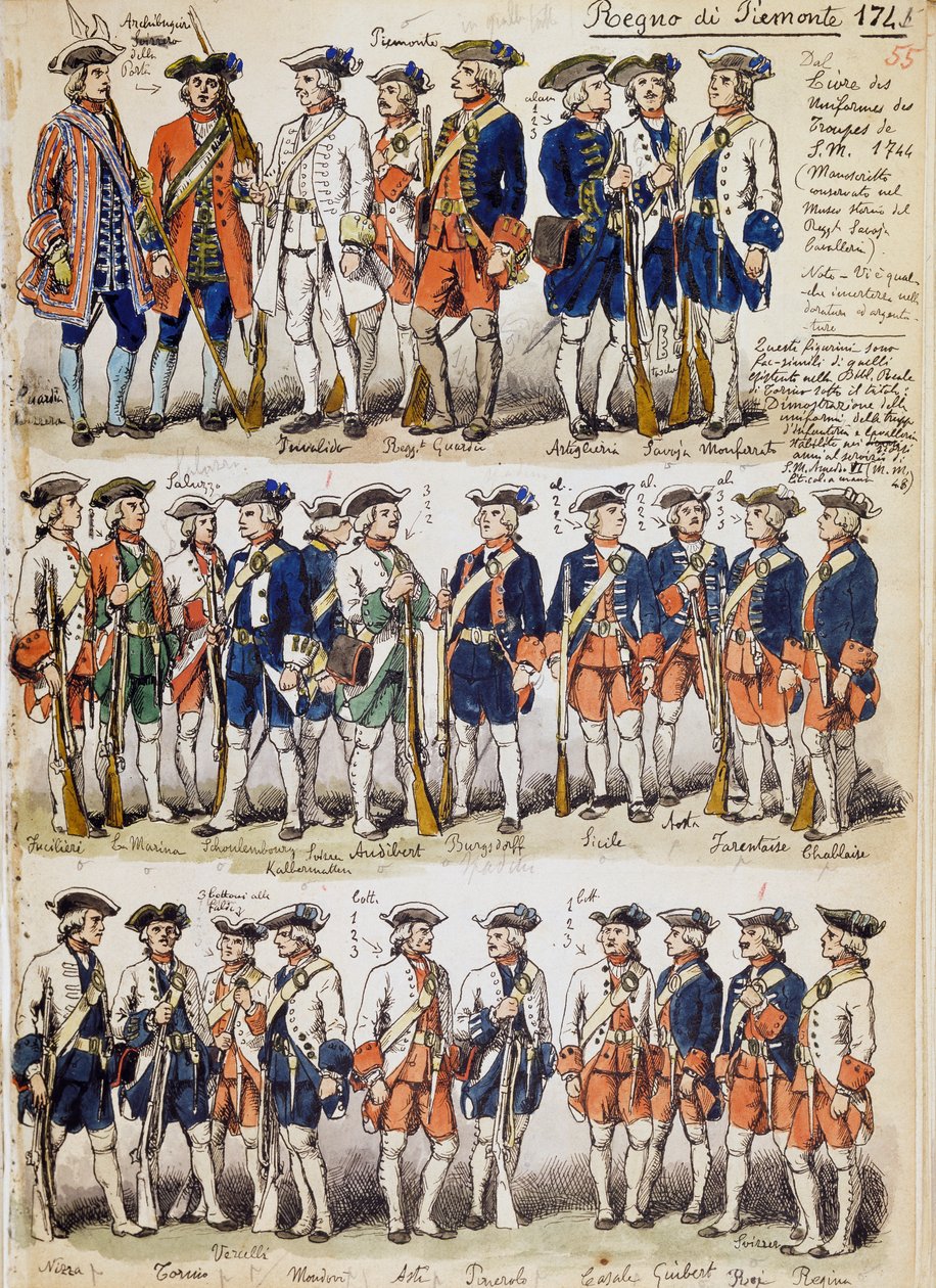 Uniforms of troops of Kingdom of Piedmont in 1744, plate taken from Cenni Codex, collection of military sketches drawn by Quinto Cenni (1845-1917) بواسطة كوينتو سيني