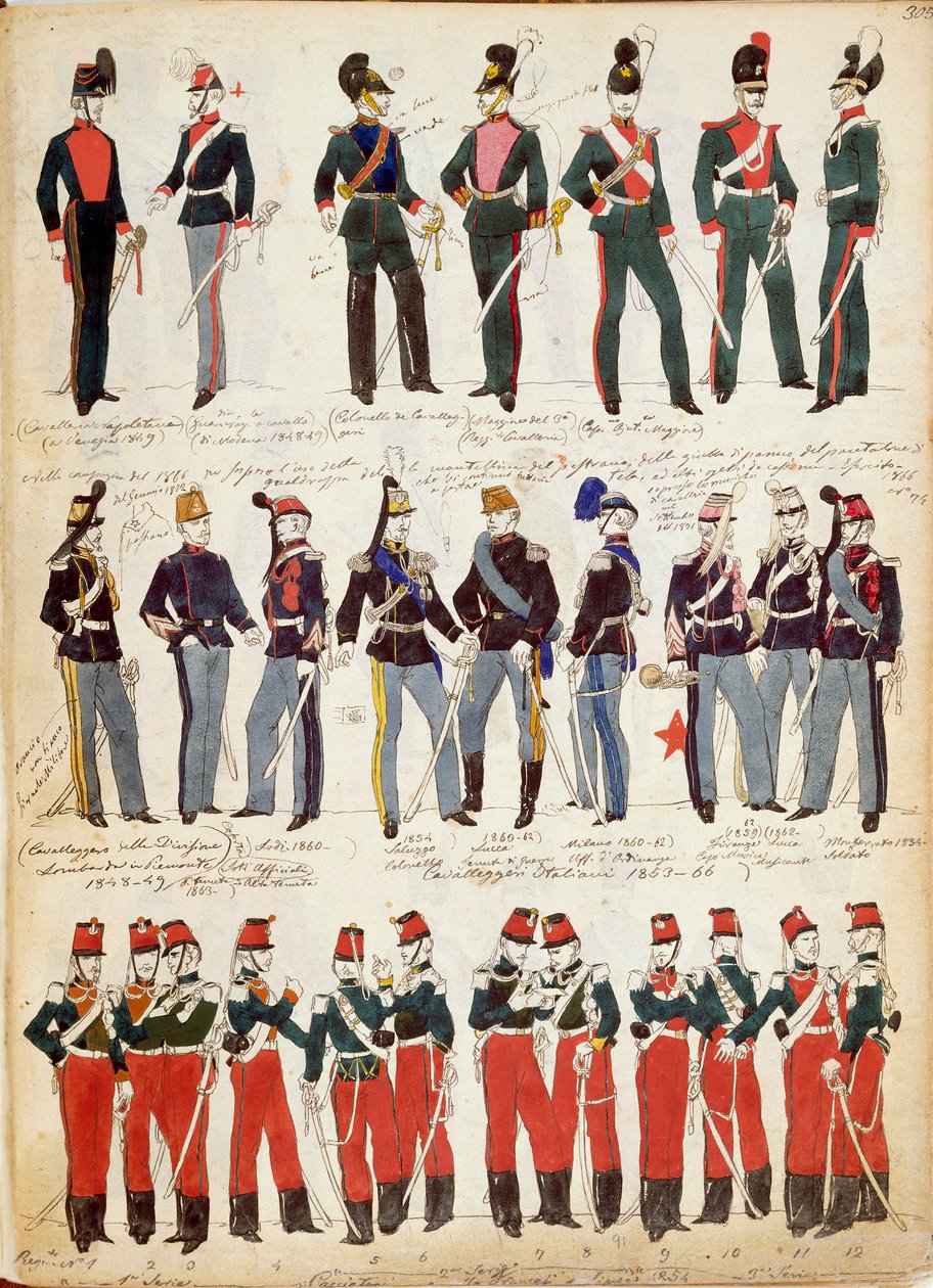 Various Italian uniforms in common use around 1860 by Quinto Cenni, color plate بواسطة كوينتو سيني