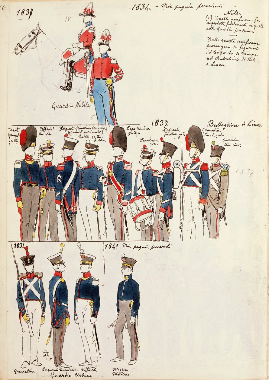 Various uniforms, by Quinto Cenni, color plate, circa 1834-1841 بواسطة كوينتو سيني