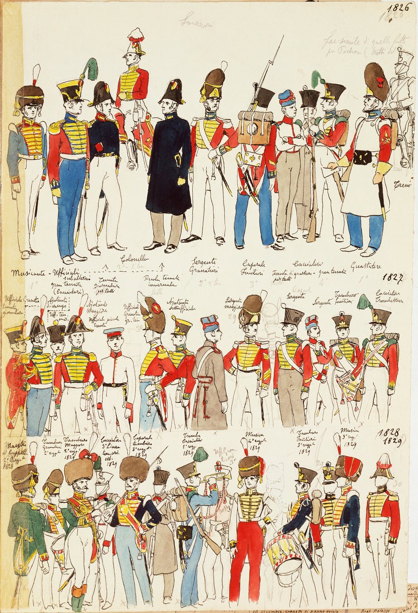 Various uniforms, dating from 1826 to 1829. Color plate by Cenni Quinto بواسطة كوينتو سيني
