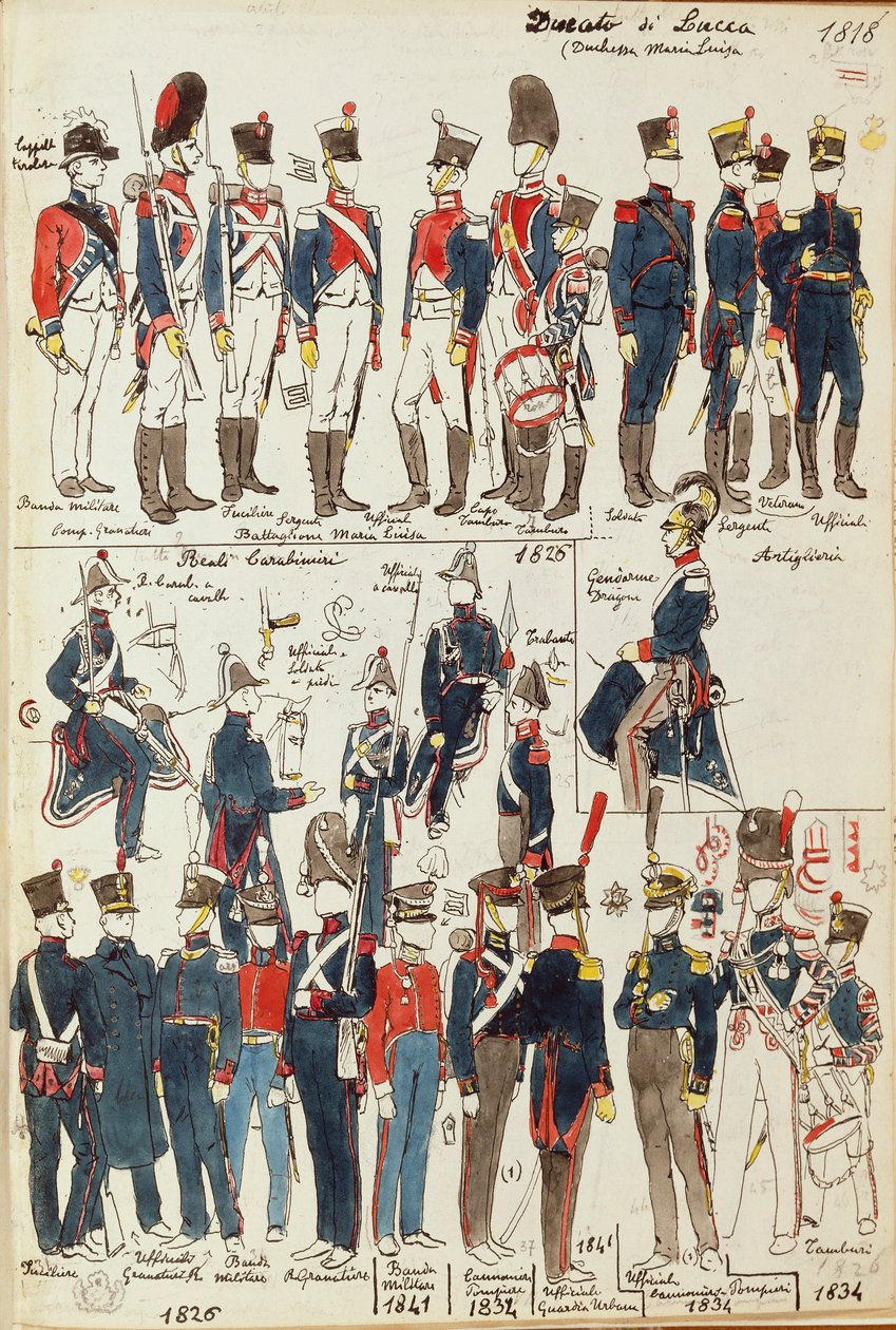 Various uniforms of Duchy of Lucca by Quinto Cenni, color plate بواسطة كوينتو سيني