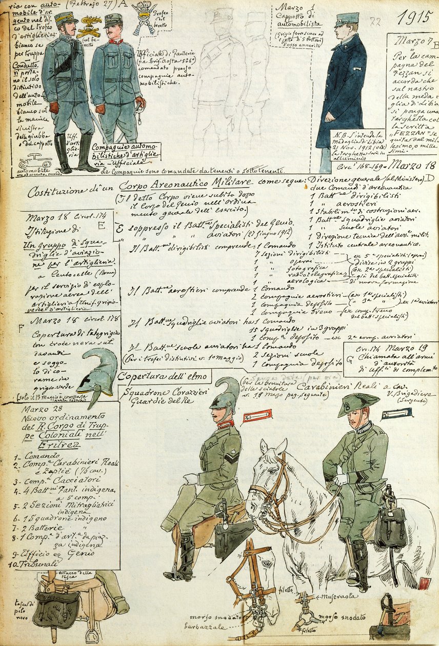 Various uniforms of Kingdom of Italy, color plate by Quinto Cenni بواسطة كوينتو سيني
