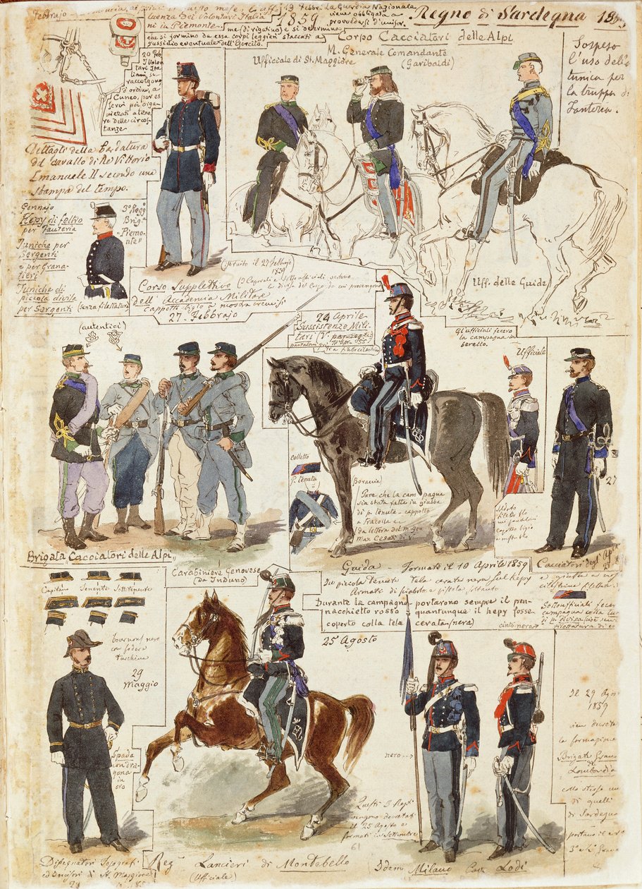 Various uniforms of Kingdom of Sardinia by Quinto Cenni, color plate بواسطة كوينتو سيني