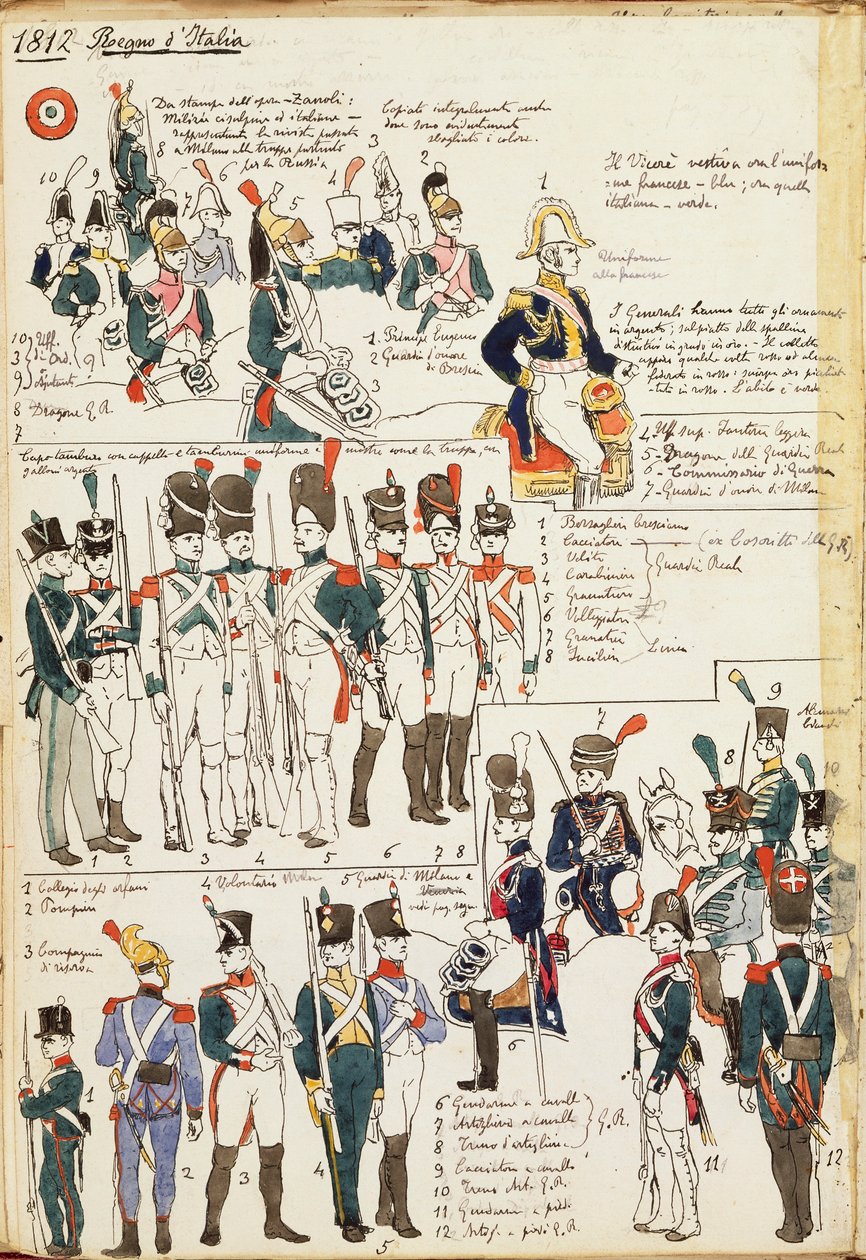 Various uniforms of the Kingdom of Italy from 1807. Color plate by Cenni Quinto بواسطة كوينتو سيني