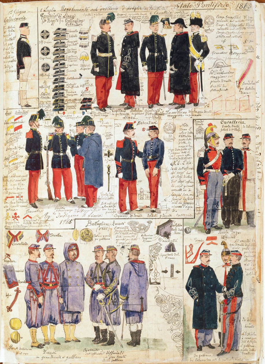 Various uniforms of the Papal States from 1865. Color plate by Cenni Quinto بواسطة كوينتو سيني