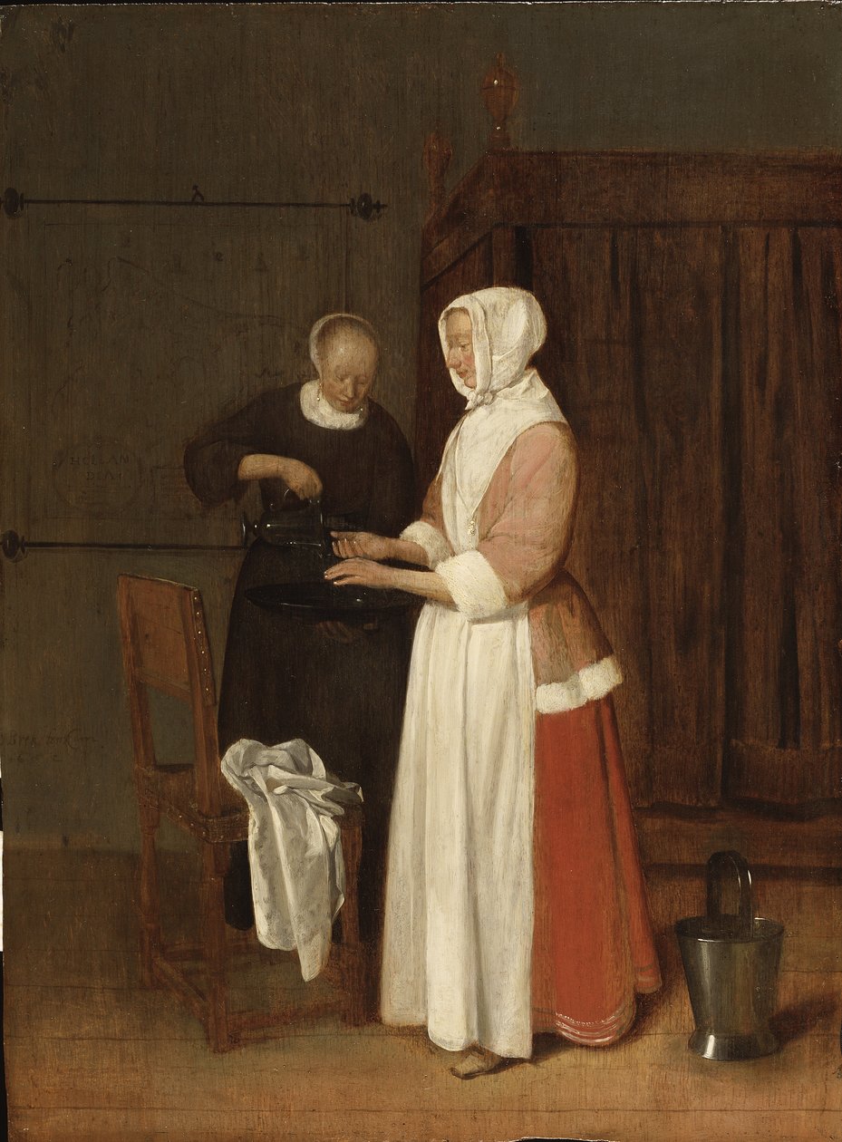 Une femme lave ses mains - امرأة تغسل يديها ، بقلم Brekelenkam ، Quiringh van (حوالي 1622 - 1669). زيت على خشب بواسطة Quiringh Gerritsz. فان بريكيلينكام
