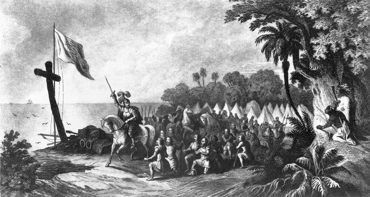 The Landing at Tampa Bay: De Soto وأتباعه يقسمون على الغزو أو الموت ، نقش جون Sartain (mezzotint) بواسطة R. Telfer