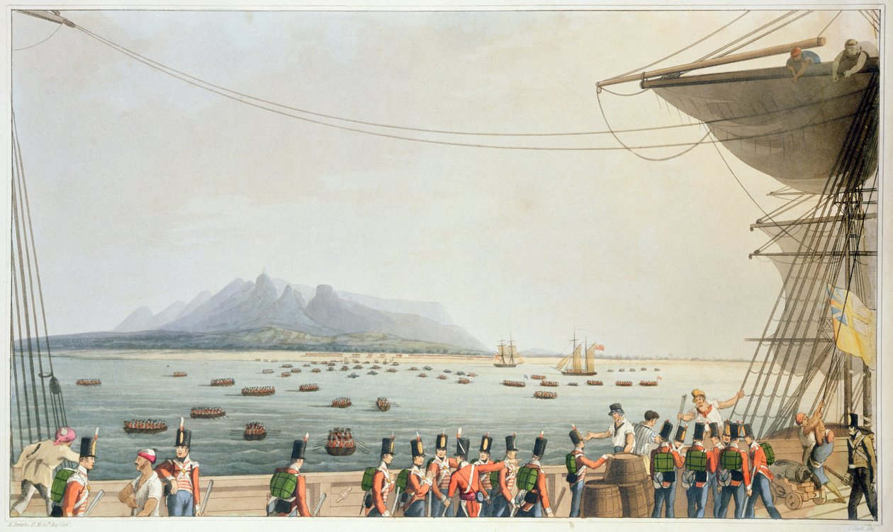 منظر من على سطح نقل قلعة أبتون ، من هبوط الجيش البريطاني ، 29 نوفمبر 1810 ، من "ستة عشر مشاهدة لأماكن في الخليج الفارسي ، تم التقاطها في الأعوام ١٨٠٩-١٠٠ توضيحية للعلاقات العامة بواسطة ر المعبد