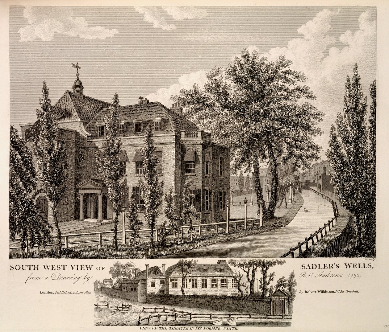 منظر جنوبي غربي لآبار سادلر عام 1792 ، مع منظر للمسرح في حالته السابقة ، 1814 بواسطة RC اندروز