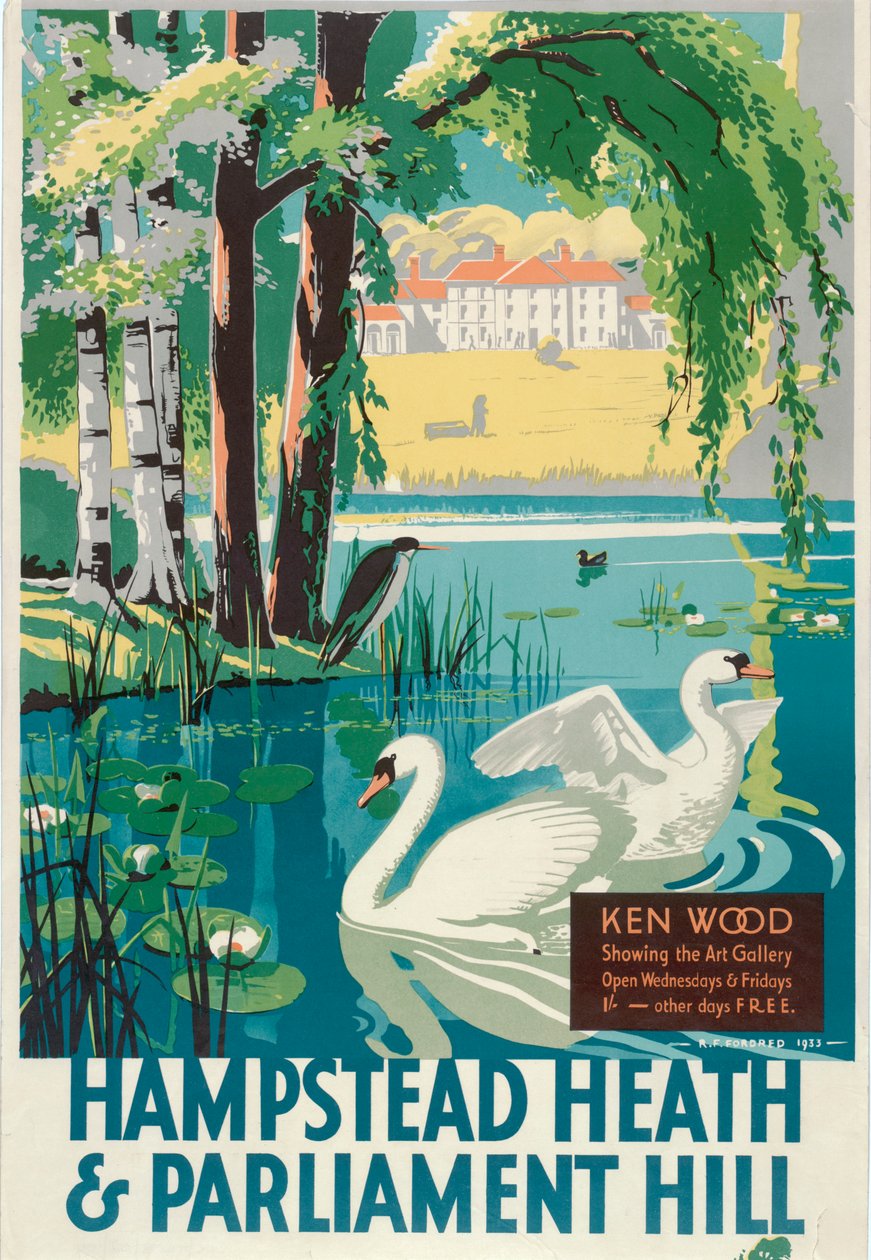 'Hampstead Heath and Parliament Hill' ، ملصق مجلس مقاطعة لندن LCC Tramways ، 1933 بواسطة RF Fordred