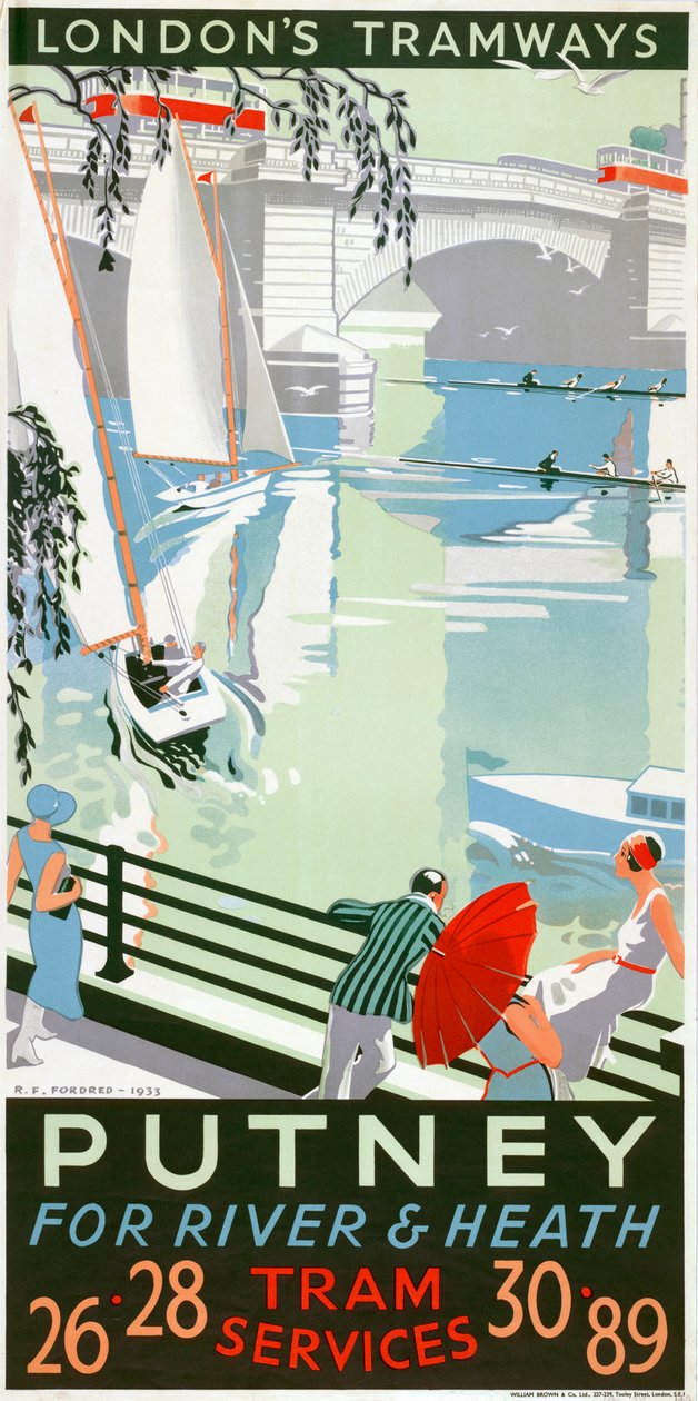 "Putney ، for River and Heath" ، ملصق مجلس مقاطعة لندن LCC Tramways ، 1932 بواسطة RF Fordred