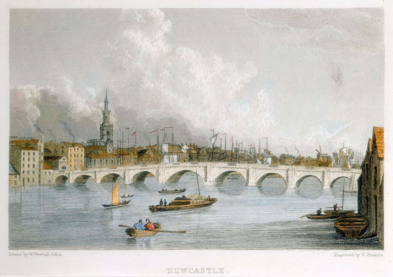 جسر مقوس بالحجر عبر Tyne في نيوكاسل أبون تاين ، إنجلترا ، c1830. بواسطة آر فرانسيس