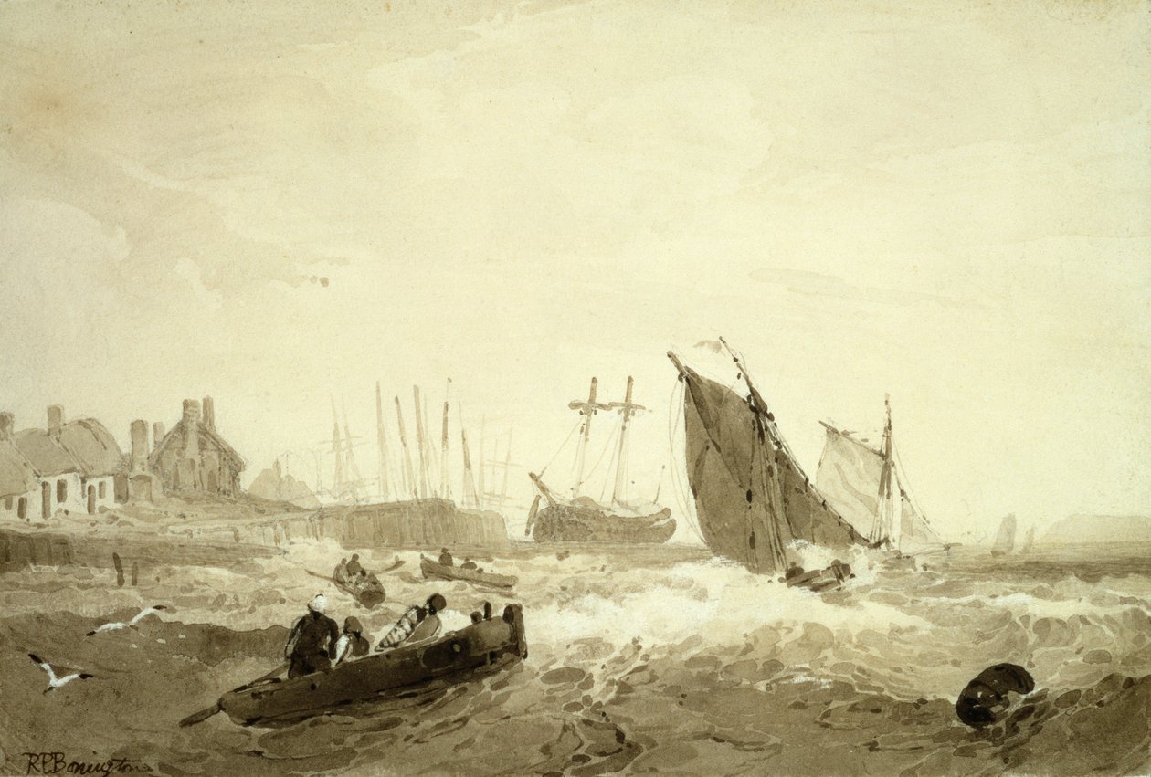 شحن St-Valery-Sur-Somme ، حوالي عام 1821 (يغسل باللون البني فوق الجرافيت) بواسطة RP Bonnington