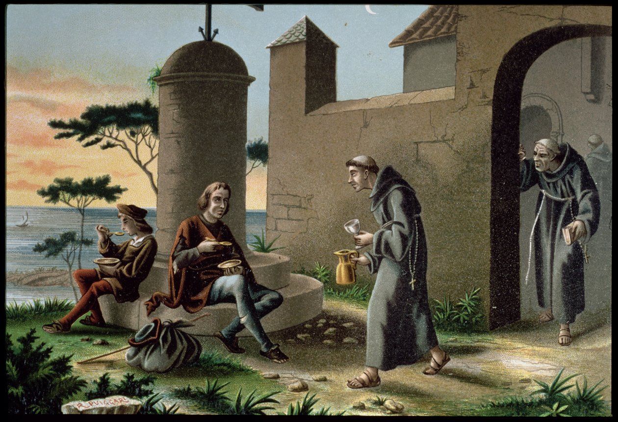 وصول كريستوفر كولومبوس (1451-1506) مع ابنه إلى دير لا رابيدا ، من اكتشاف أمريكا ، نُشر في برشلونة عام 1878 (حجر ملون) بواسطة آر بويغاري