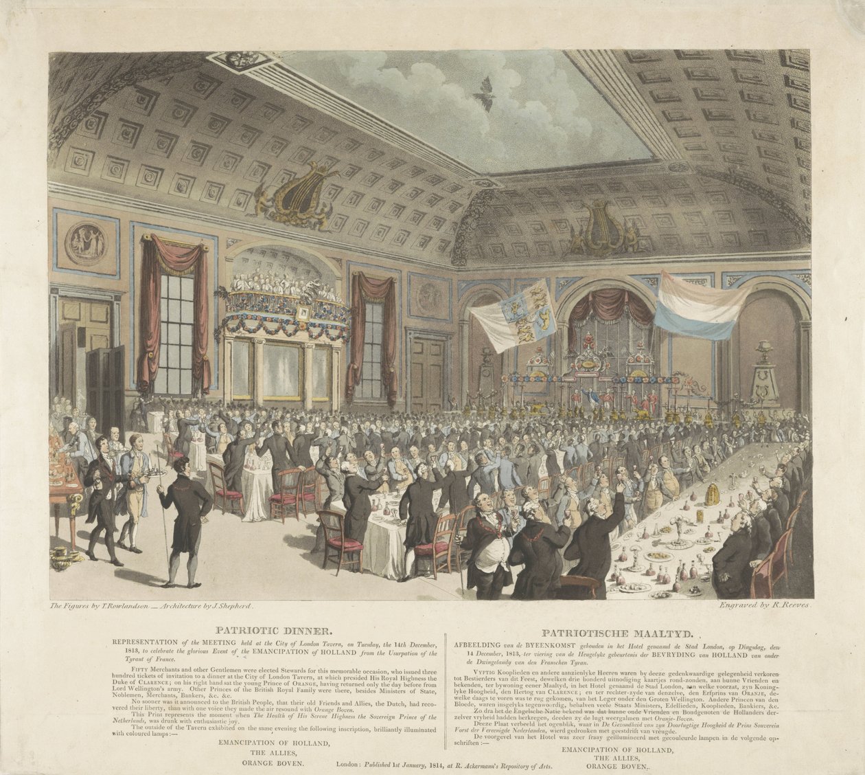 وجبة وطنية في لندن ، ١٨١٣ عشاء وطني. تمثيل الاجتماع الذي عقد في City of London Tavern ، يوم الثلاثاء ، 14 ديسمبر ، 1813 (...] / وجبة وطنية. صورة التجمع الذي عقد في الفندق المسمى City L. بواسطة ر. ريفز