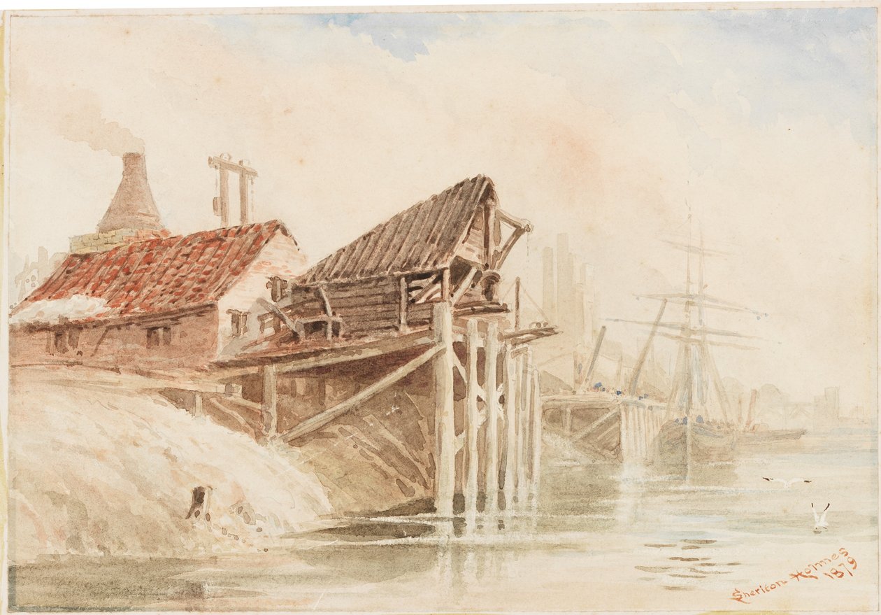 Staithes Old Coal Shipping Staithes بالقرب من Wallsend (قلم رصاص ومرحاض على ورق ملصوق على البطاقة) بواسطة ر. شيريتون هولمز