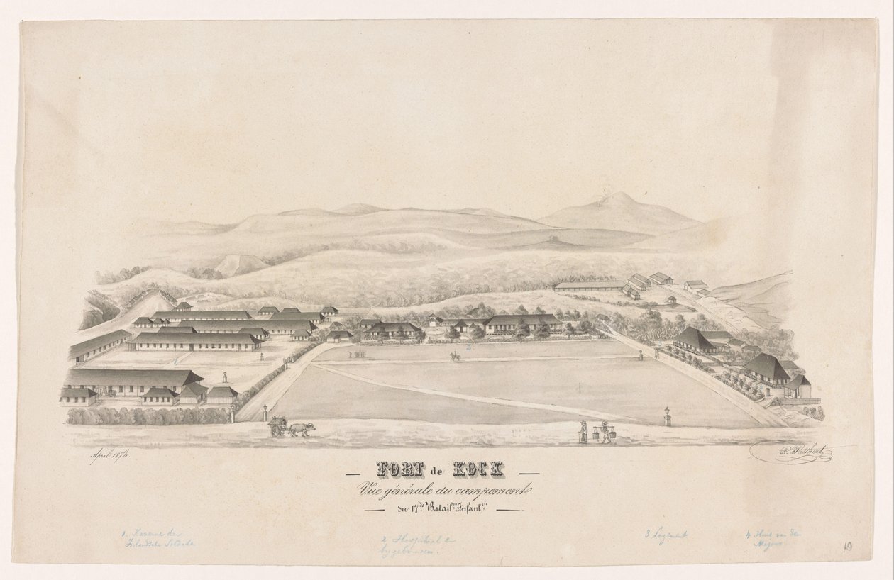 منظر لـ Fort de Kock Fort de Kock / Vue générale du campemente / du 17de Batail.on Infant.rie (العنوان على الكائن) بواسطة ر.والثرت (توقيع الفنان)