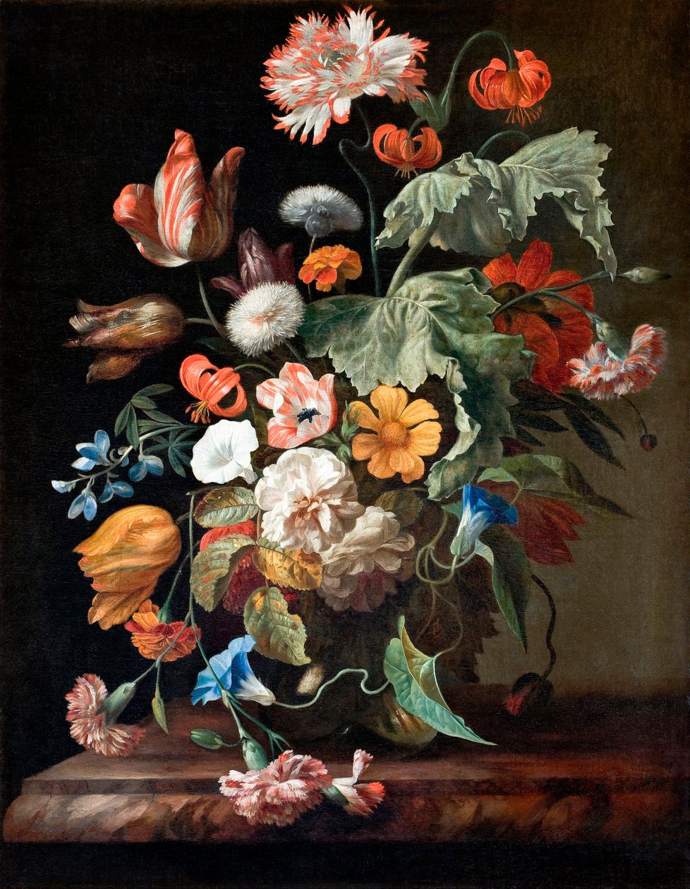 "" Nature morte aux fleurs "(الحياة الساكنة بالورود) لوحة لراشيل رويش (1664-1750) - ألوان زيتية على قماش - قاتمة 70.5x58.5 سم هالويلسكا موسيت ، ستوكهولم بواسطة راشيل رويش