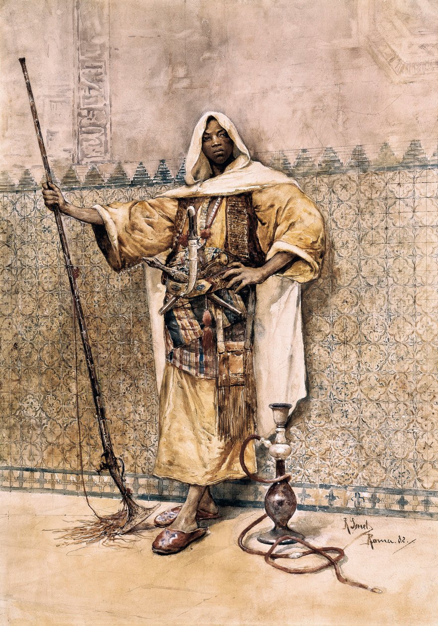الاستشراق: "صورة لرجل عربي ، سلاح جندي ، يرتدي سكاكين على الحزام" "لوحة مائية لرافائيل سينيت إي بيريز (1856-1926) 1881 إشبيلية. متحف الفنون الجميلة. بواسطة رافائيل سينيت