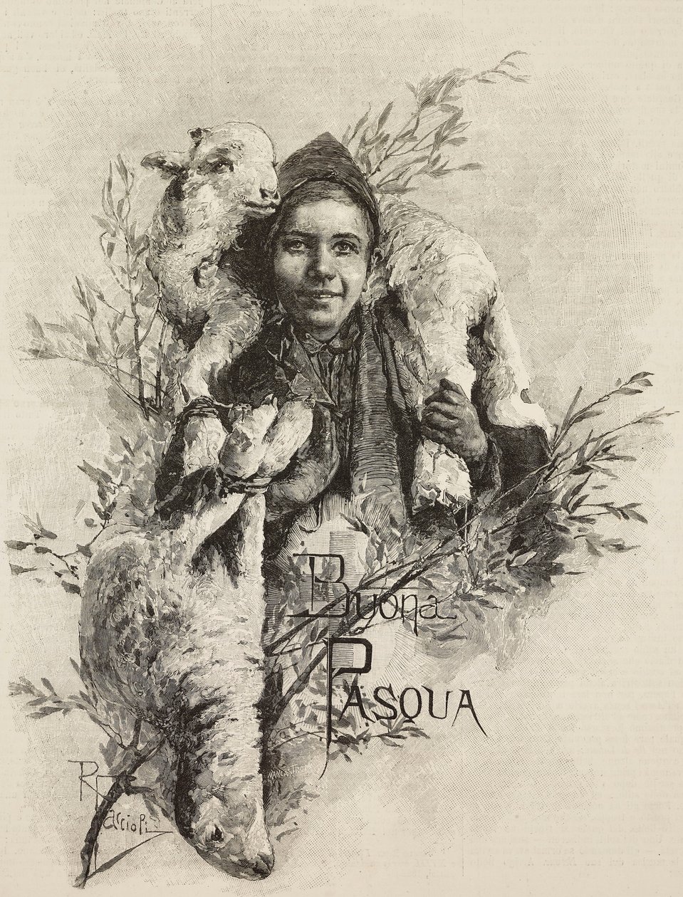 عيد فصح سعيد ، شاب يحمل حملًا على كتفيه ، نقش من لوحة لرافاييل فاكيولي (1836-1914) ، من L