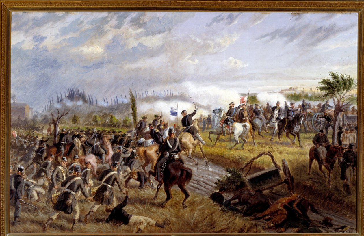 Risorgimento: ""معركة سان مارتينو"" حلقة من معركة سولفرينو 24/06/1859 (منظر لمعركة سان مارتينو في 24 يونيو 1859) لوحة لرافائيل بونتريمولي (1832-1905) 1897 خافت 136 × 86 سم أستي ، بيناكوتيكا سيفيكا بواسطة رافاييل بونتريمولي