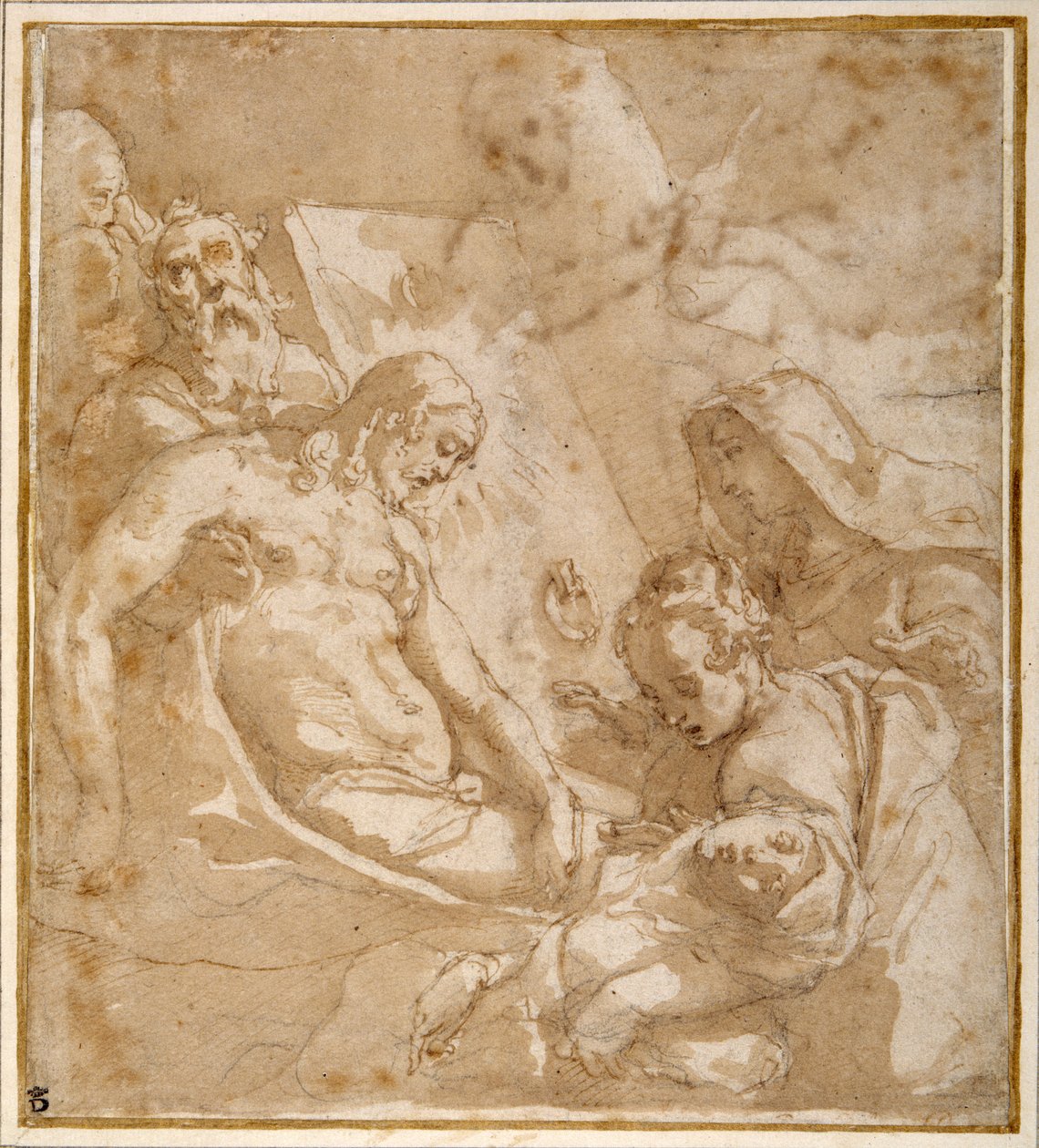 The Entombment (pen & ink with wash & gouache, over chalk, on paper) بواسطة Raffaellino da Reggio (حوالي 1550 78)