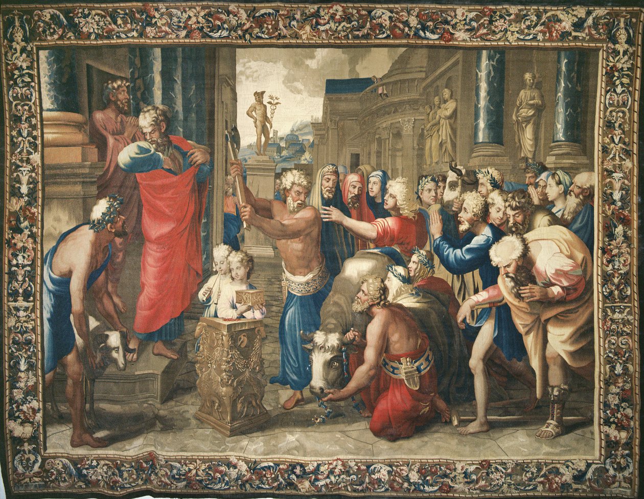 نسيج يصور أعمال الرسل ، تضحية ليسترا ، منسوجة في ورشة Beauvais تحت إشراف فيليب Behagle (1641-1705) ، 1695-98 (نسيج صوف) بواسطة رافايللو سانزيو رافائيل