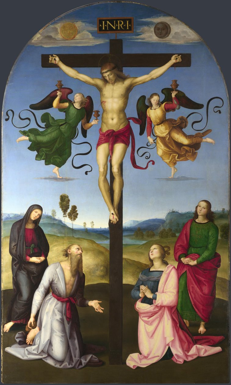 المسيح المصلوب مع مريم العذراء ، القديسين والملائكة The Mond Crucifixion ، 1502-1503 بواسطة رافايللو سانزيو رافائيل