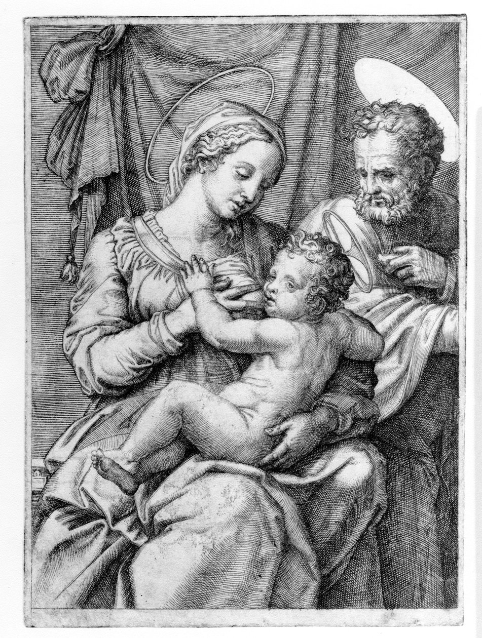 العائلة المقدسة ، نقشها Marcantonio Raimondi ، حوالي 1515 بواسطة رافايللو سانزيو رافائيل