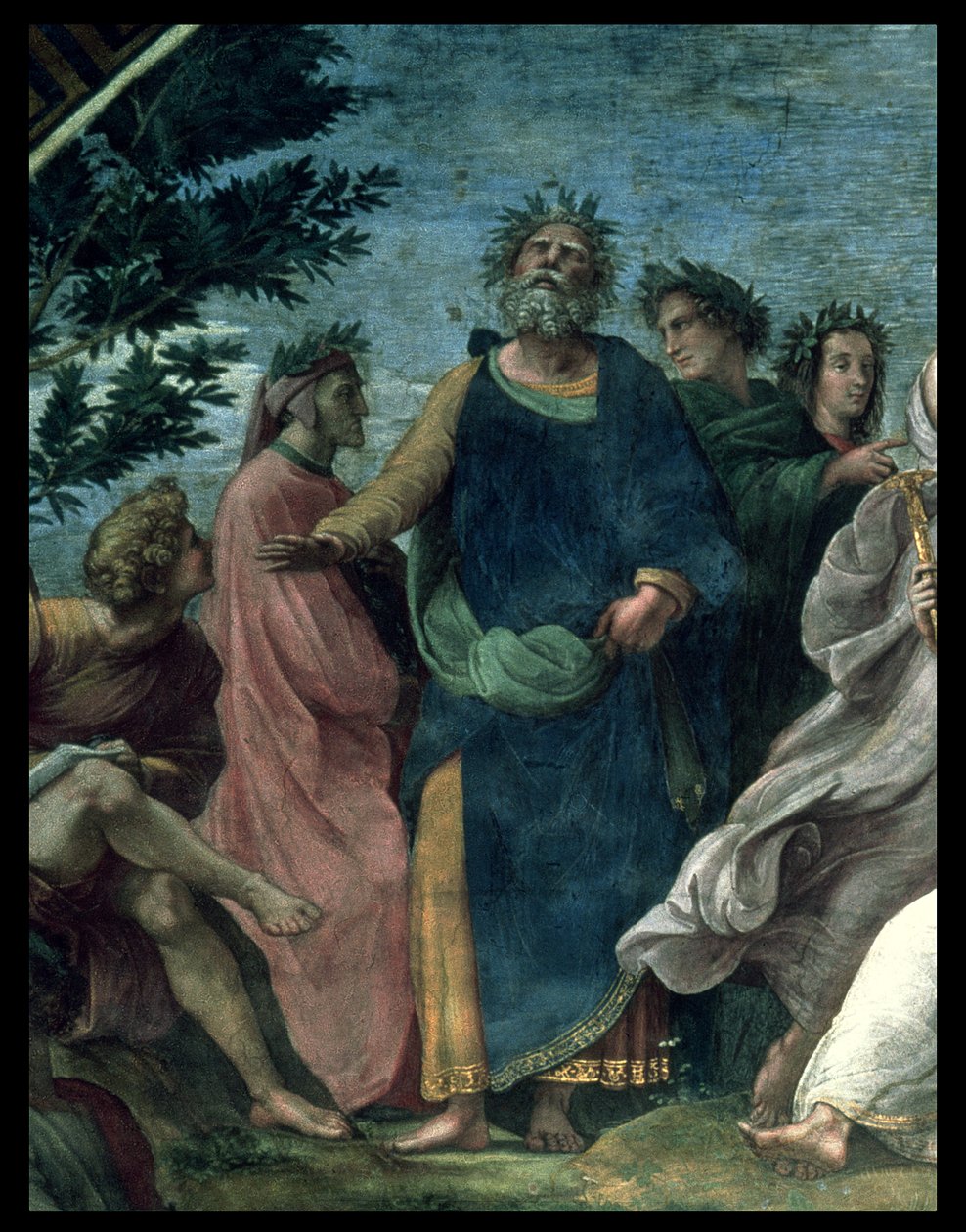 The Parnassus ، تفاصيل هوميروس ودانتي وفيرجيل ، في Stanze della Segnatura ، 1510-11 بواسطة رافايللو سانزيو رافائيل