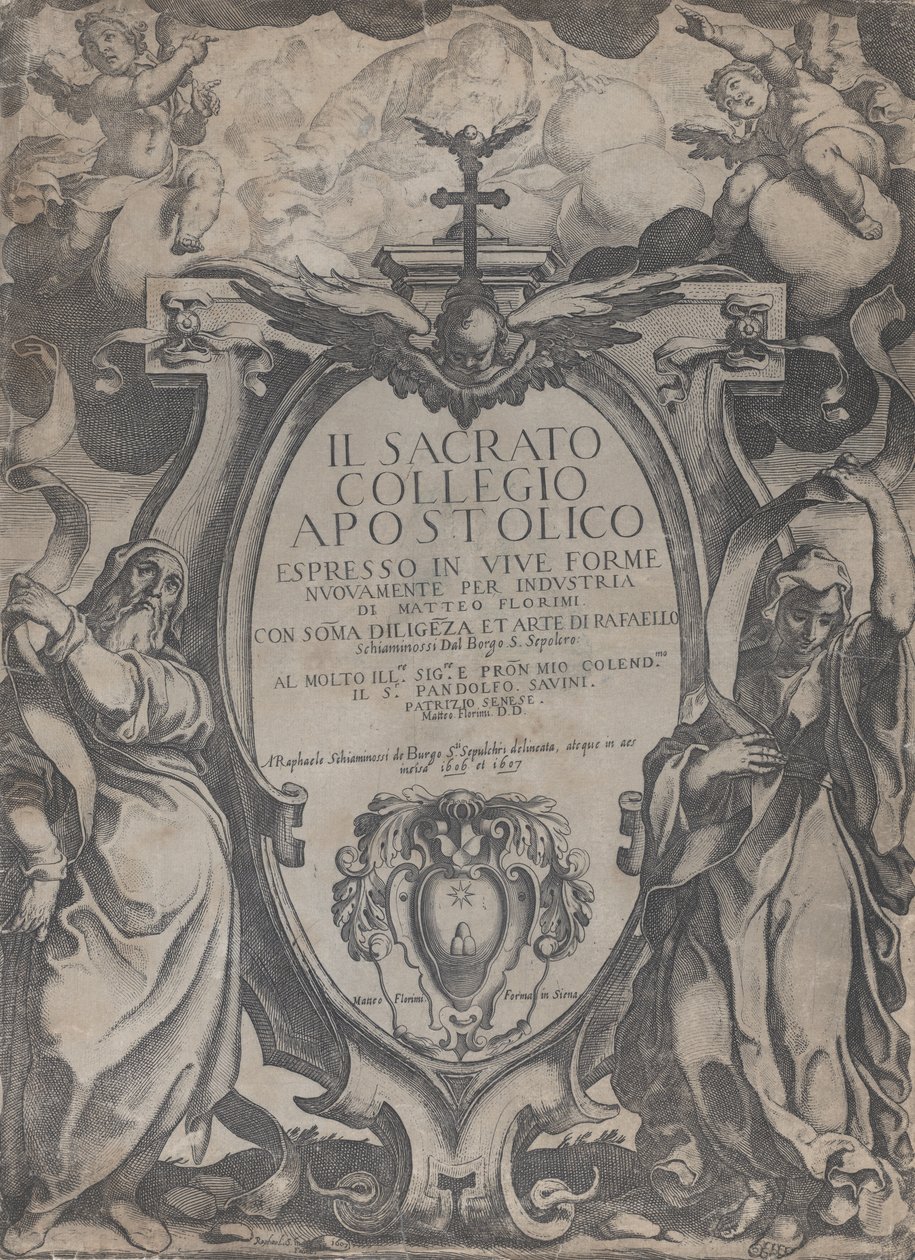 واجهة بها شخصان يحملان لفائف وكروب يحيط بالخرطوش في ... ، 1606-07. بواسطة Raffaello Schiaminossi