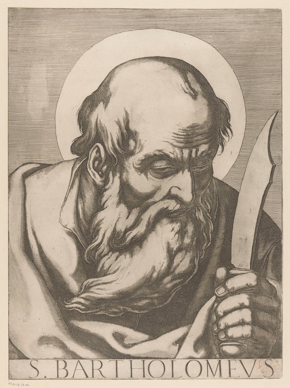 القديس بارثولوميو S. Bartholomeus (العنوان على الكائن) المسيح ومريم والرسل الاثنا عشر (عنوان السلسلة) Il Sacrato Collegio Apostolico (عنوان السلسلة) بواسطة Raffaello Schiaminossi