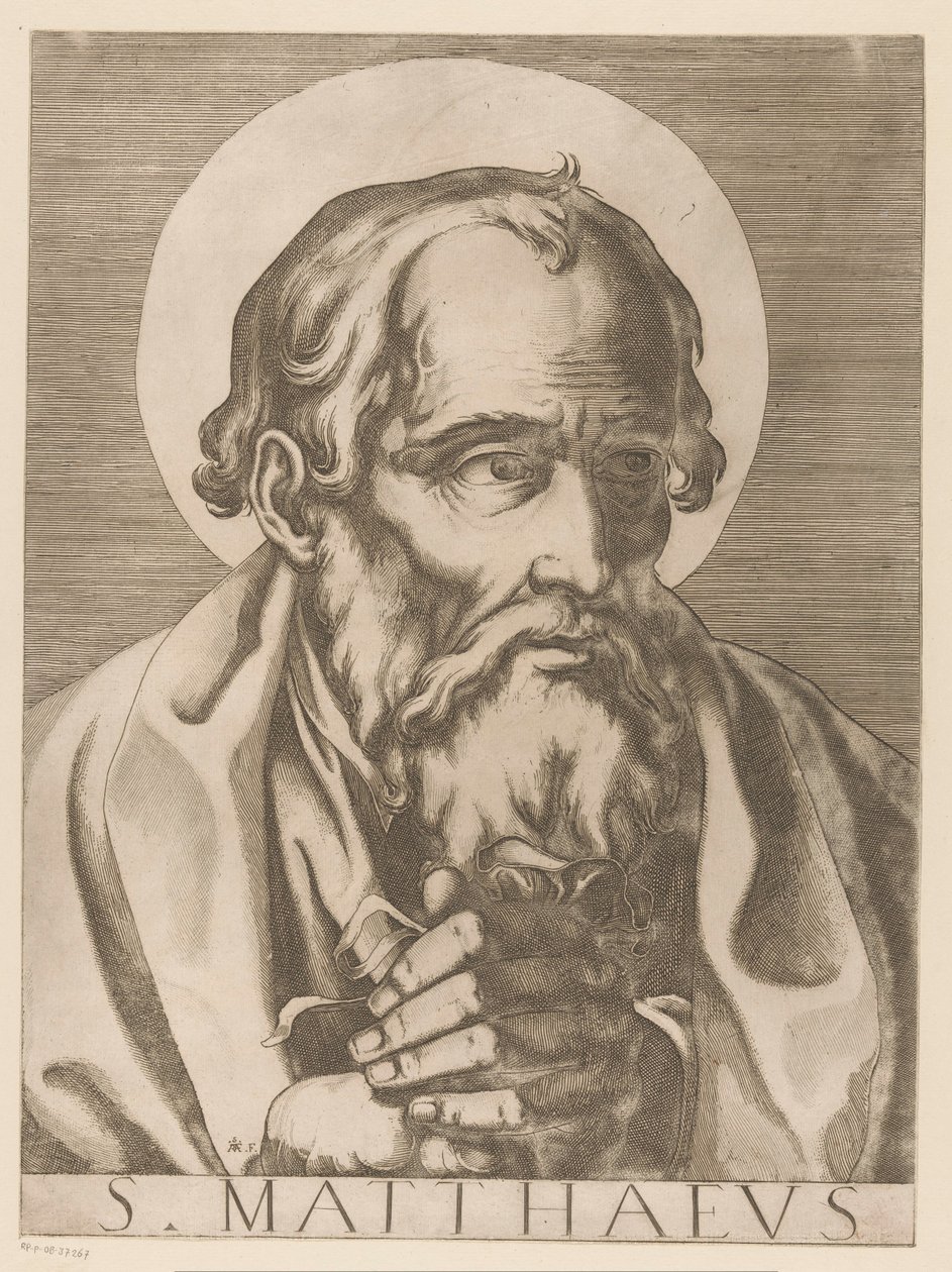 القديس ماثيو ماتيوس (العنوان على الكائن) المسيح ومريم والرسل الاثنا عشر (عنوان السلسلة) Il Sacrato Collegio Apostolico (عنوان السلسلة) بواسطة Raffaello Schiaminossi