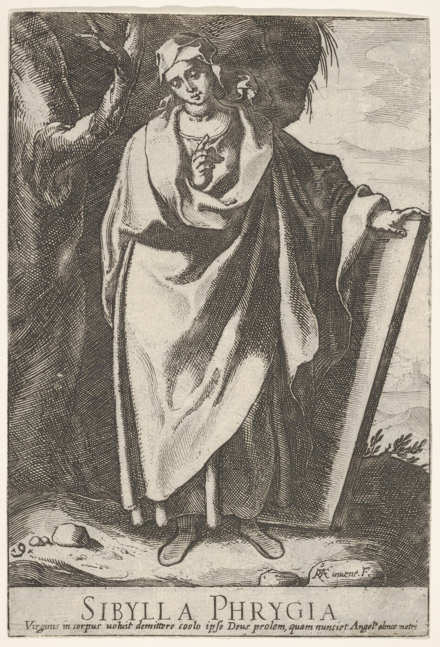 اللوحة 9: العرافة الفريجية تمسك الجزء العلوي من اللوح بيدها اليسرى وتشير إلى ... ، 1609. بواسطة Raffaello Schiaminossi