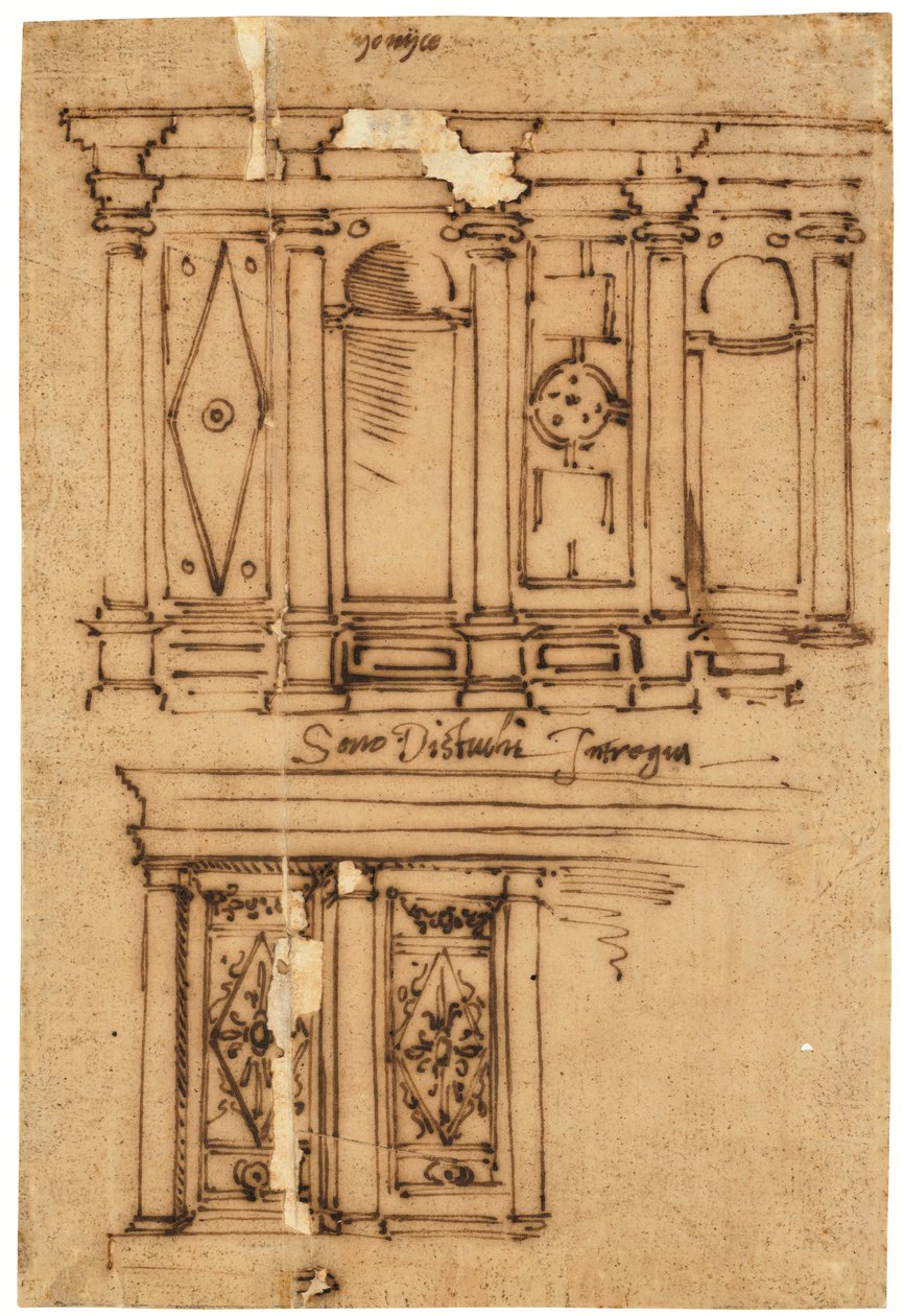 تصميم لزخرفة حائط (قلم وحبر بني، على ورق تتبع زيتي) بواسطة Raffaello da Montelupo